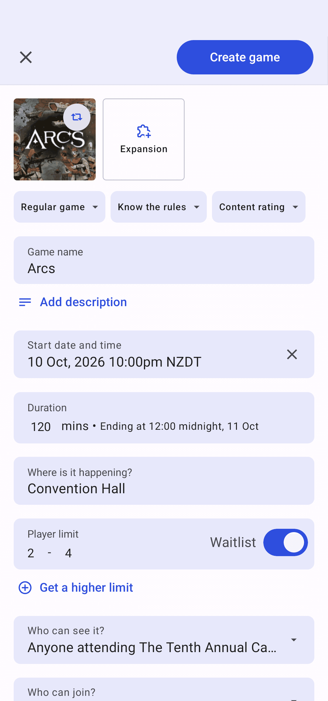 A screenshot of the scoresheet interface for Aftergame