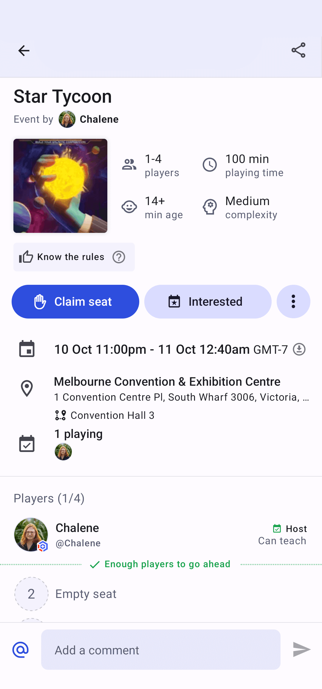 A screenshot of the scoresheet interface for Aftergame